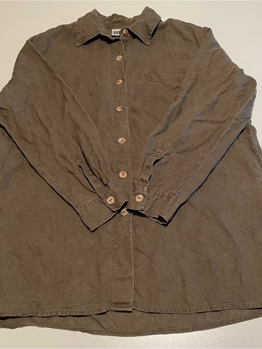 Chico's 100% Linen Button-Up in Olive Green, Size 1